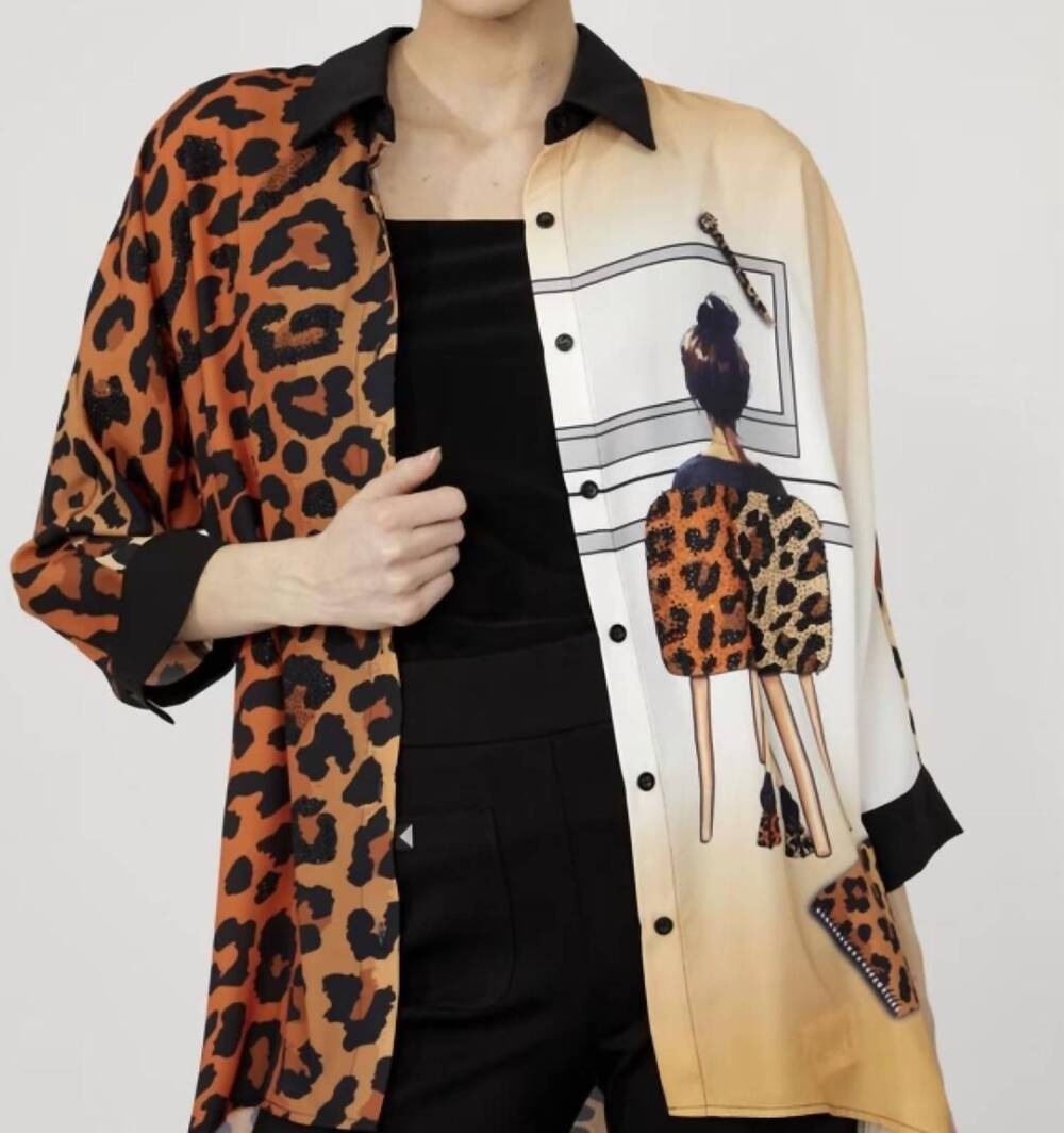 NEW FRANK LYMAN woven leopard print blouse in black/orange